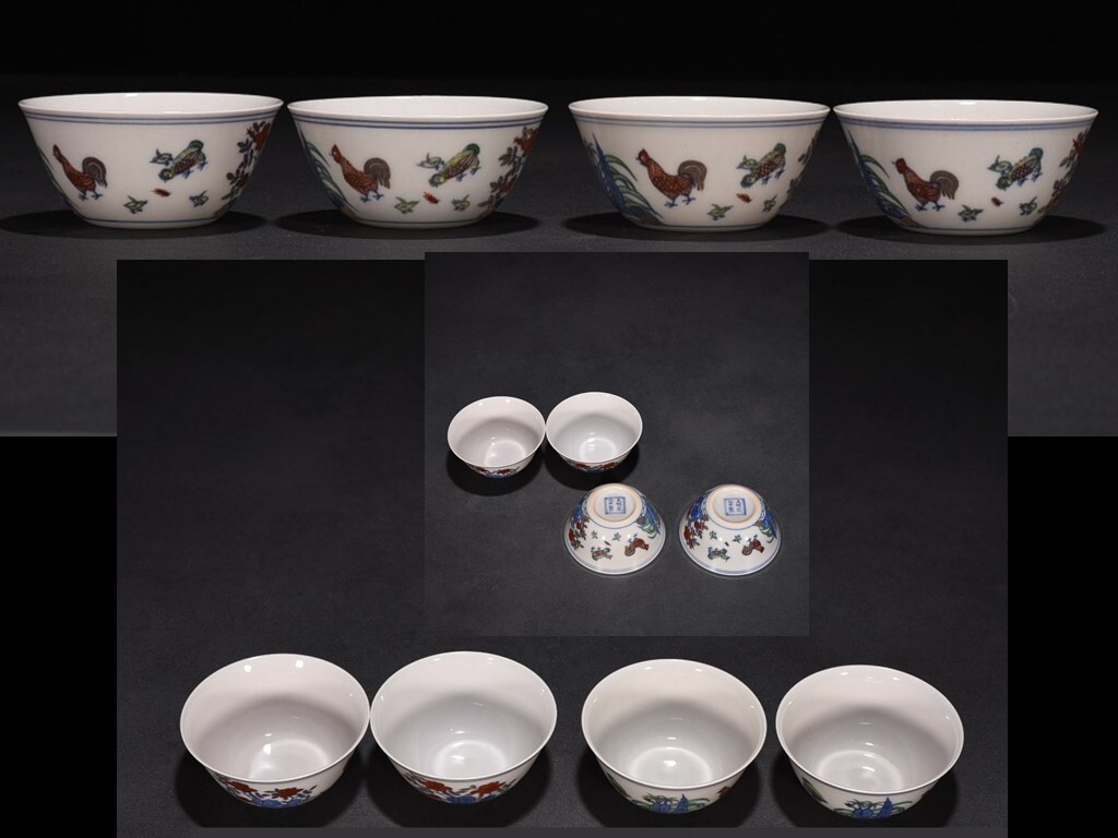 YA120■大明成化年制 紅胎 闘彩鶏図杯4客 時代物 古玩 唐物 古陶磁器■拍卖
