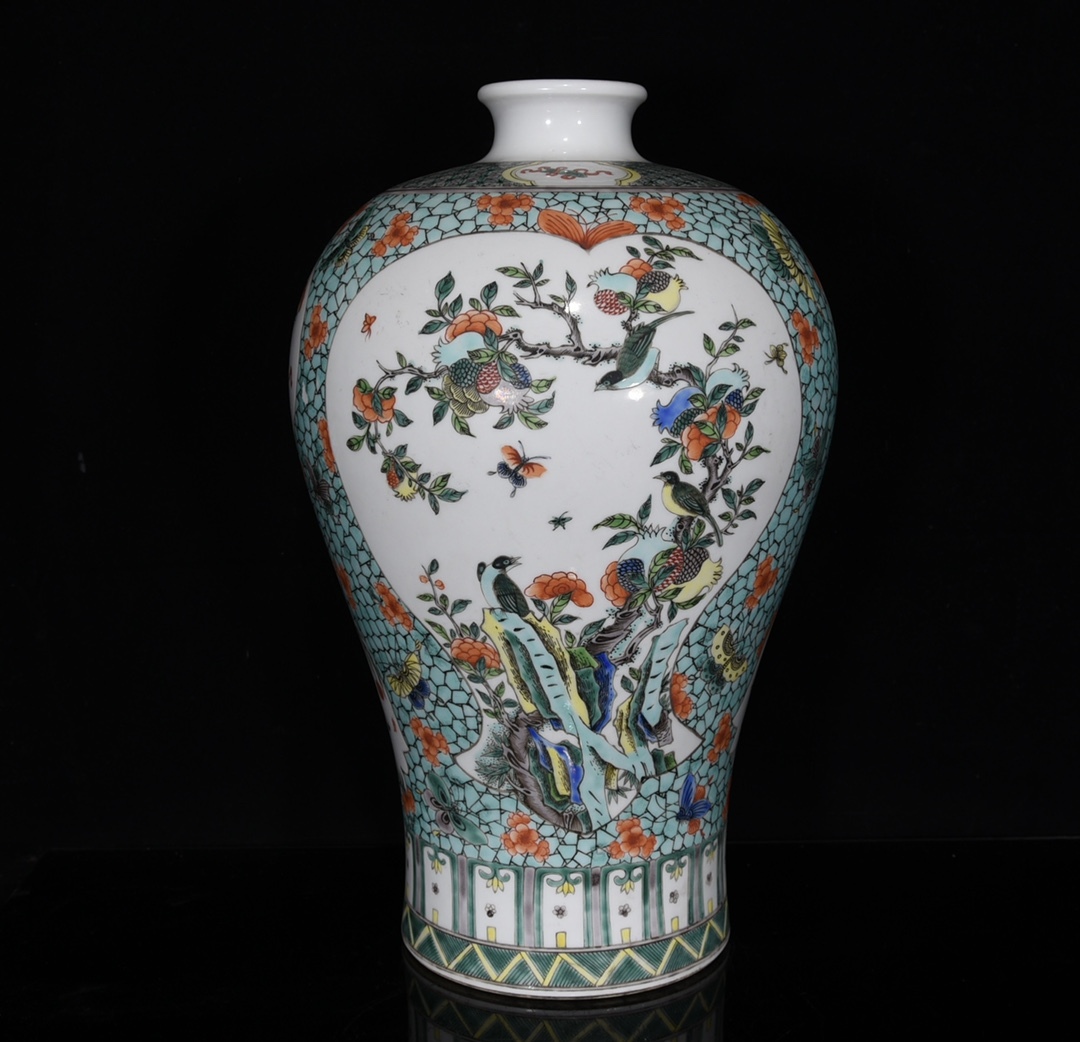 LM611■清時代『清康熙五彩花鳥紋梅瓶』古代工芸品 陶芸 精美彫 置物■高さ39cm直径26cm■拍卖