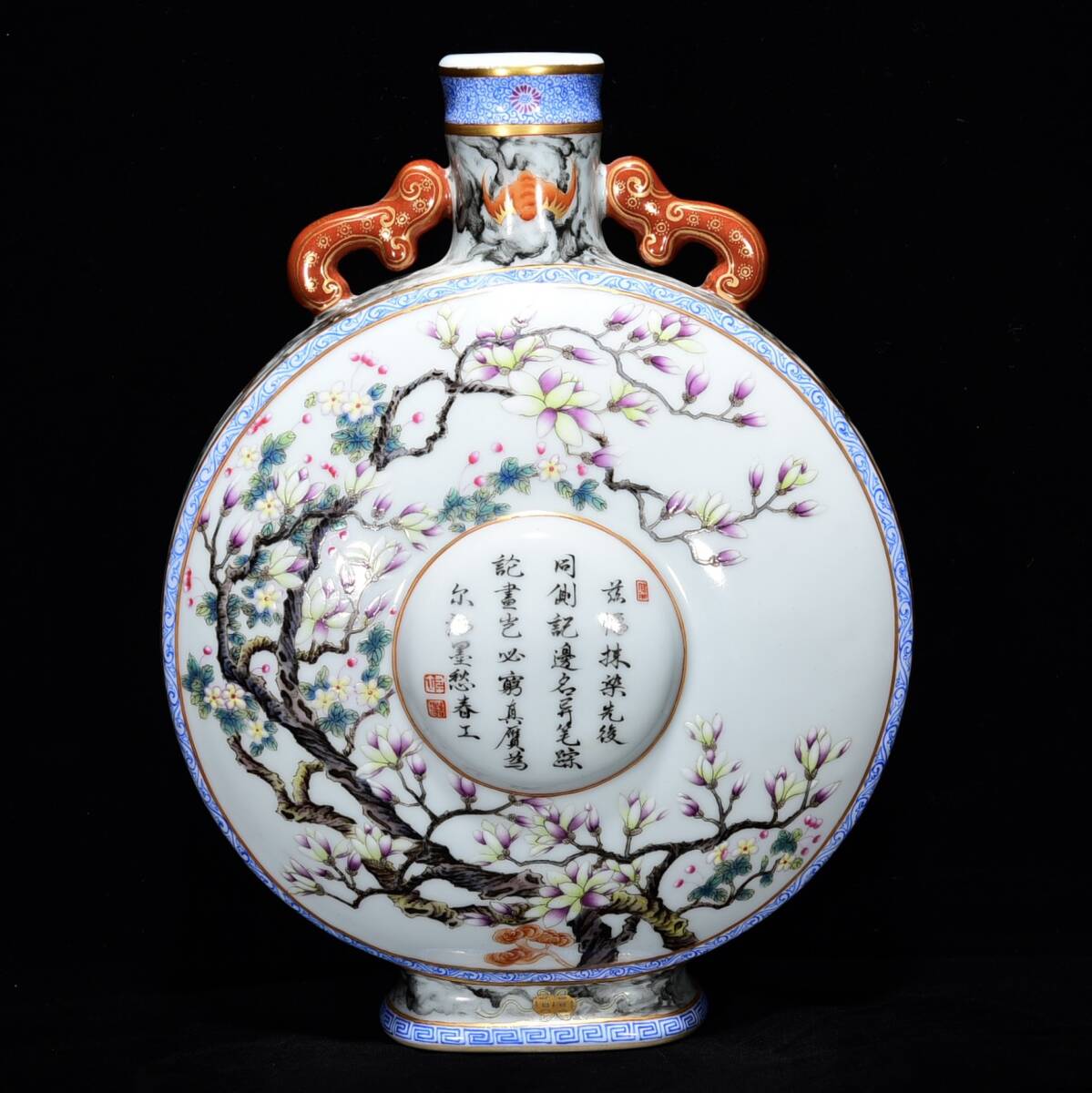 LH309■大清乾隆年制款 粉彩花卉詩紋扁壺 時代物 古玩 唐物 古陶磁器■拍卖