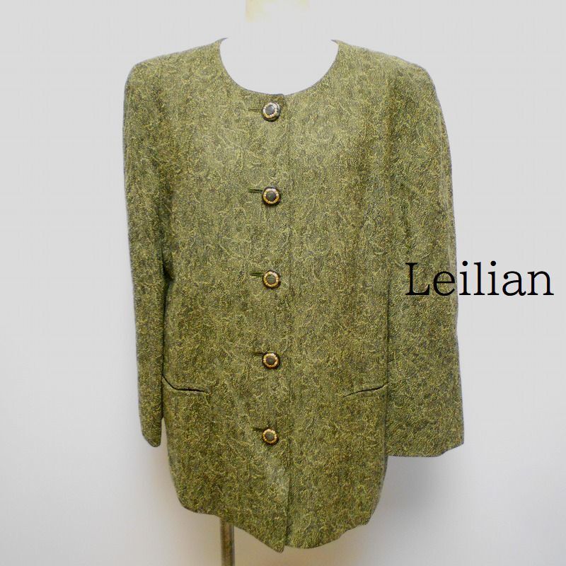 973173 Leilian レリアン カーキ系柄 ノーカラー ジャケット 13+拍卖