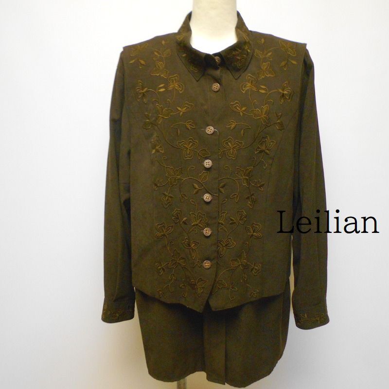 973164 Leilian レリアン 茶系 刺繍柄 ベスト&長袖シャツ アンサンブル拍卖