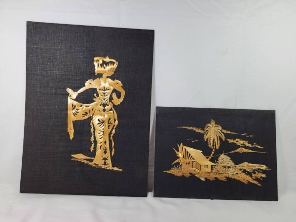 竹皮アート 切り絵「踊り子・風景画」2点セット 海の家 ヤシの木 バリ島 リゾート アジアンインテリア インドネシア 美品 中古品拍卖
