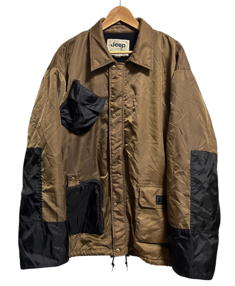 OLD★Jeep ジープ ツートン ナイロンジャケット L カーキ 黒 ブラック 裏地フリース 裏起毛 変形 90s 00s 車拍卖