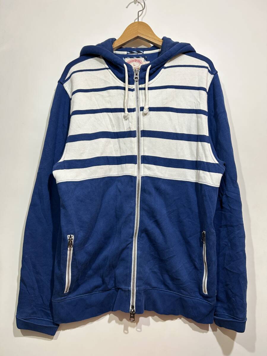 ★ Brooks Brothers スウェット フルジップ パーカー ネイビー ブルー ボーダー切替 ジップアップ L ビッグシルエット ジップポケット 拍卖