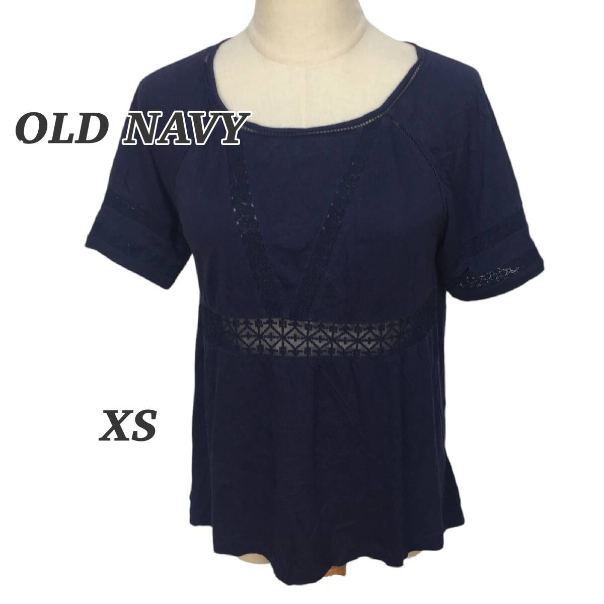 OLD NAVY 半袖カットソー XS ネイビー レース切替 透け感あり フェミニン 涼しげ カジュアル【美品】拍卖
