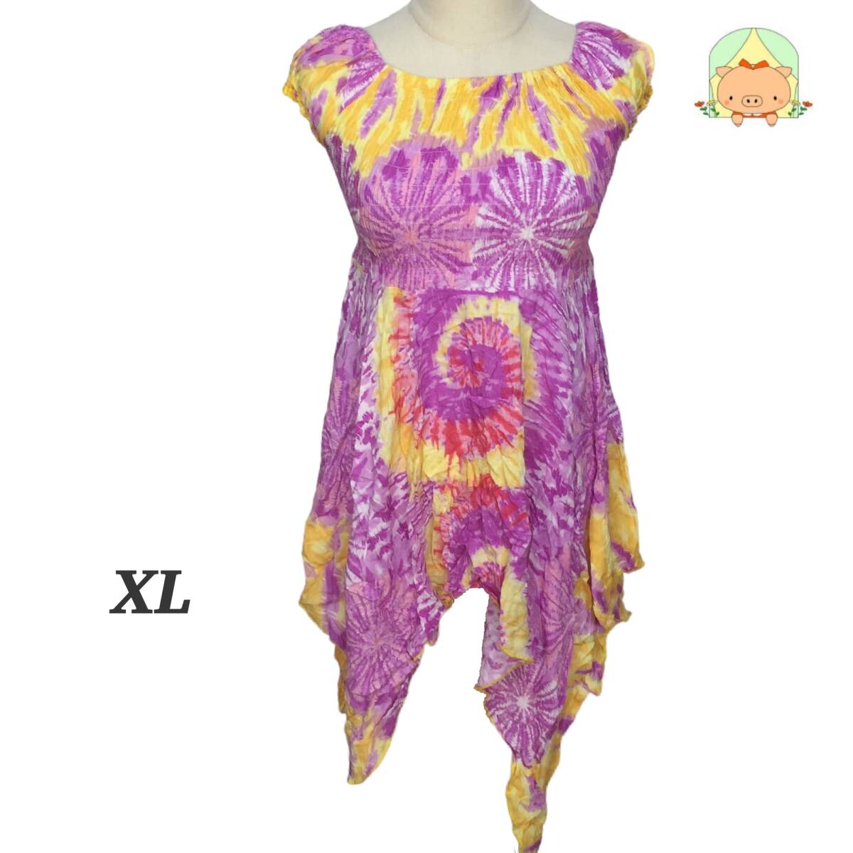 タイダイ 花火柄 アシンメトリー ワンピース XL リゾート 体型カバー 夏 ぷーちゃんサポート   CA0125拍卖