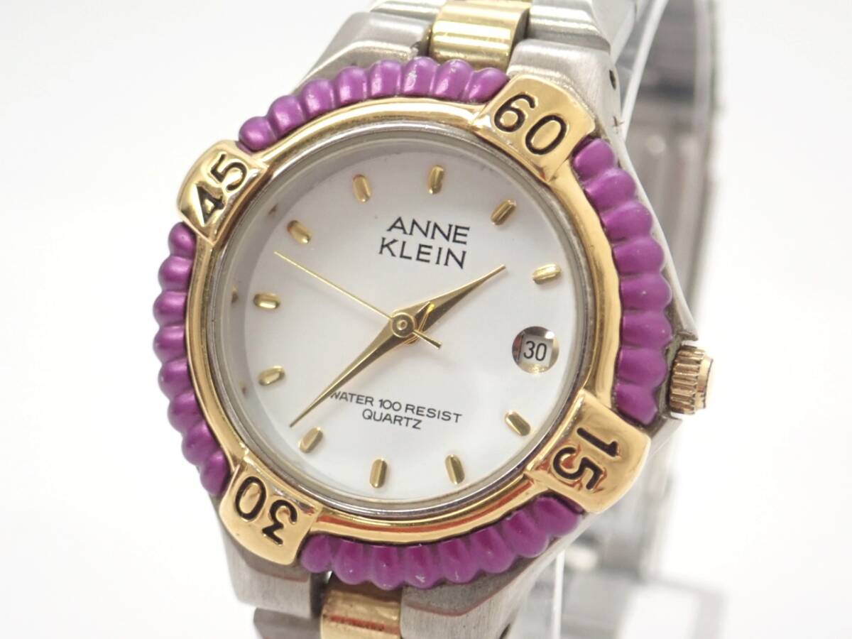 1円~☆ANNE KLEIN アンクライン QZ レディース腕時計 775 チェンジベゼル 白文字盤 デイト ラウンド アナログ 3針/向915-200拍卖
