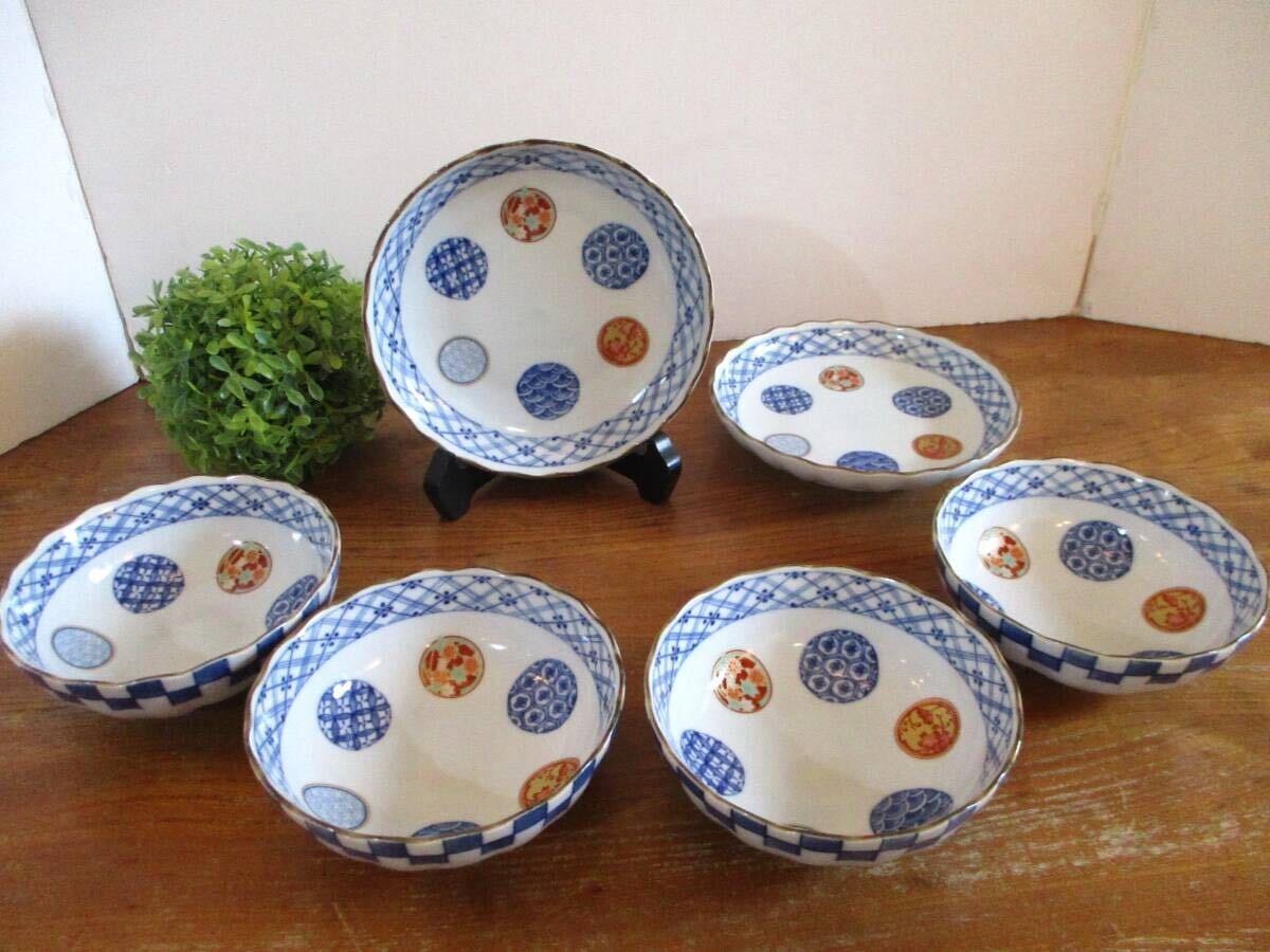 【美品】吾山窯 美濃園 三峰 深皿(4枚)&中皿(2枚) 合計6枚セット 和食器 銘あり 小鉢 中鉢 盛鉢 器 盛皿 和皿 和風 金彩紋様 伝統工芸拍卖