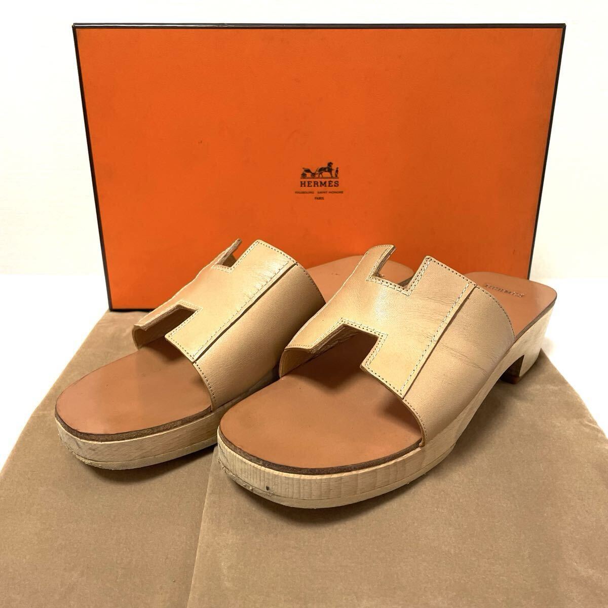 国内正規品 HERMES ケブラール サンダル Hロゴ レザー ウッドソール 拍卖