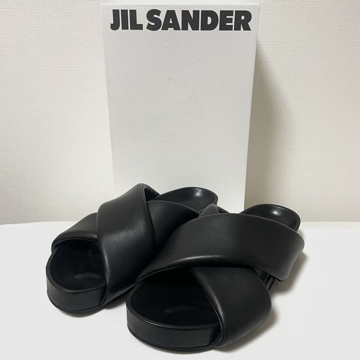JIL SANDER レザーサンダル パデット クロスストラップ ブラック 黒拍卖
