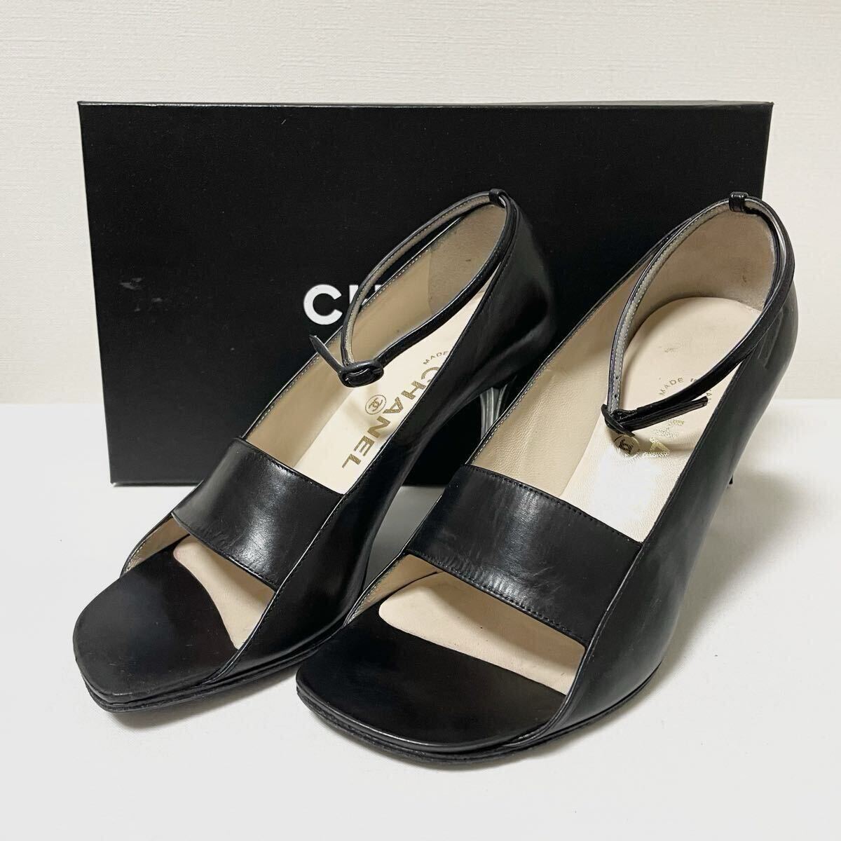 付属品あり CHANEL 00C レザーオープントゥパンプス メタルヒール シューズ サンダル拍卖