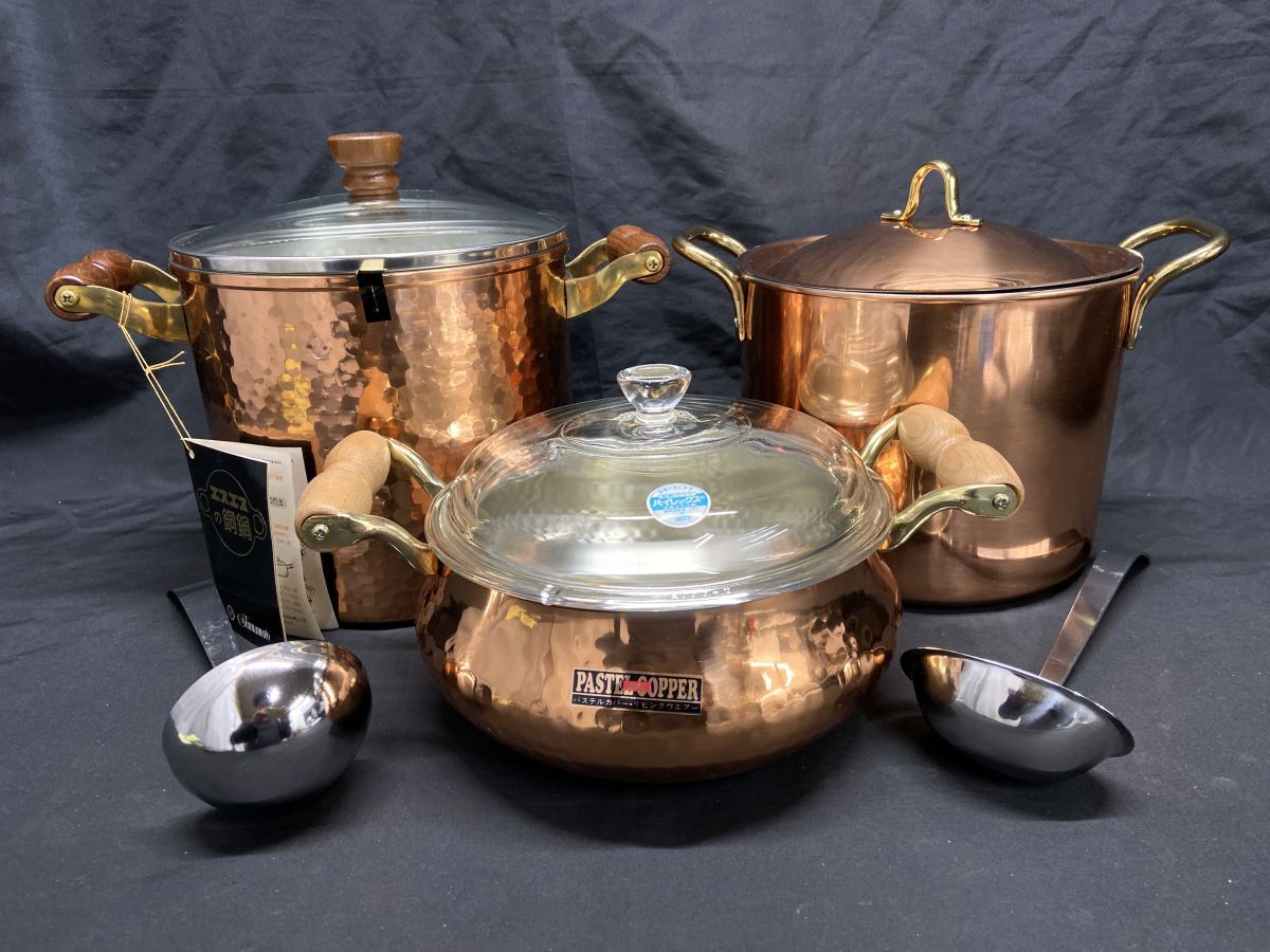 【R501】未使用 銅鍋 3点セット まとめ売り COPPER コッパー 両手鍋 深鍋 カレー シチュー ガラス蓋/銅蓋拍卖