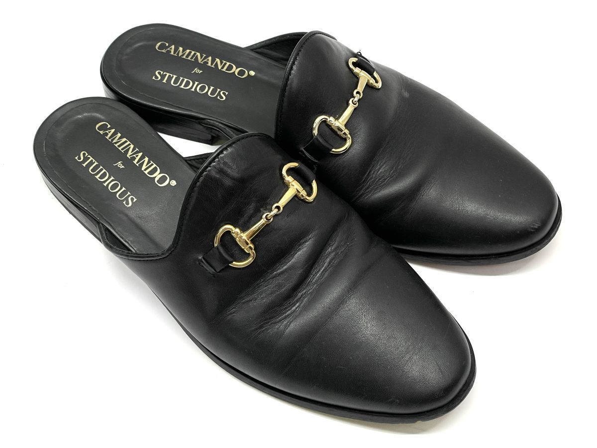 【R489】良品 CAMINANDO×STUDIOUS カミナンド ビットスリッパ ブラック US8/26cm程度 メンズ 黒 レザー サンダル シューズ ゴールド金具拍卖