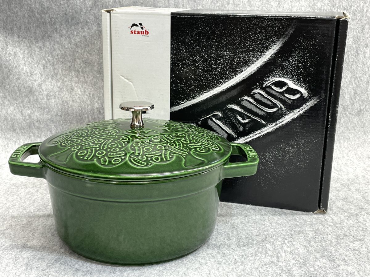 【R644】新品 未使用 STAUB ストウブ ミナペルホネン フォレスト ココット ラウンド グリーン 20cm 2.2L コラボ ホーロー 高級 両手鍋 b拍卖