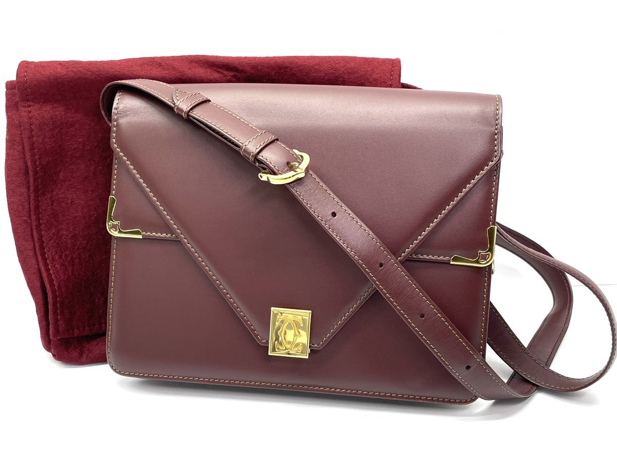 【R654】美品 正規品 Cartier カルティエ マストライン ダブルフラップ ショルダーバッグ ボルドー ゴールド金具 must de 保存袋付き b拍卖