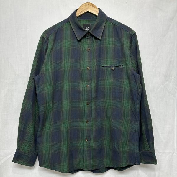 MIZUNO ミズノ ロング スリーブ 長袖 シャツ L 緑系 グリーン系 チェック アウトドア キャンプ 登山 ハイキング トレッキング b22552拍卖