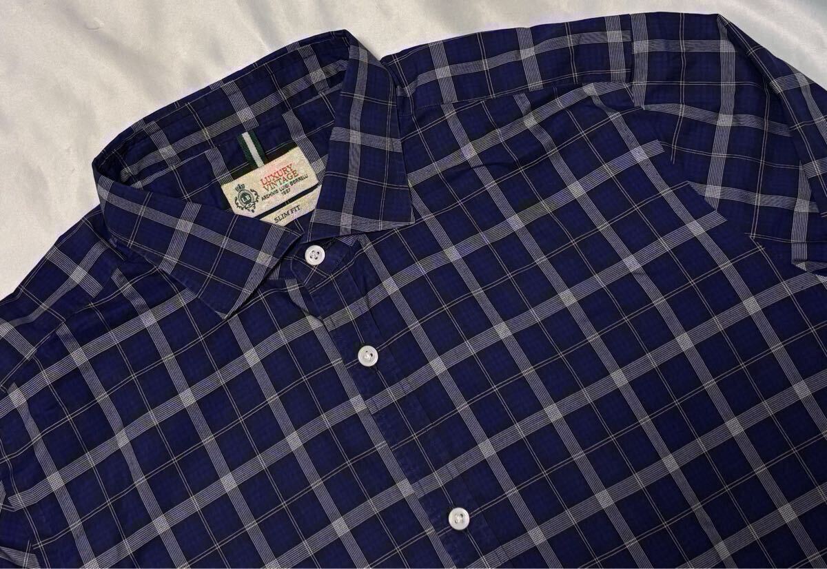 状態良好 LUIGI BORRELLI ルイジボレッリ ブルー ネイビー系 シャツ サイズ XL〜 17 1/2 44 長袖 コットン 100% イタリア製 送料無料拍卖