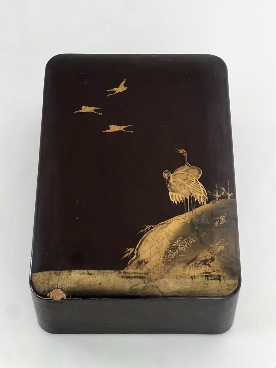 漆器 文箱 料紙箱 硯箱 蒔給 鶴 漆箱 漆塗 小物入 小箱 書道具 蒔絵拍卖