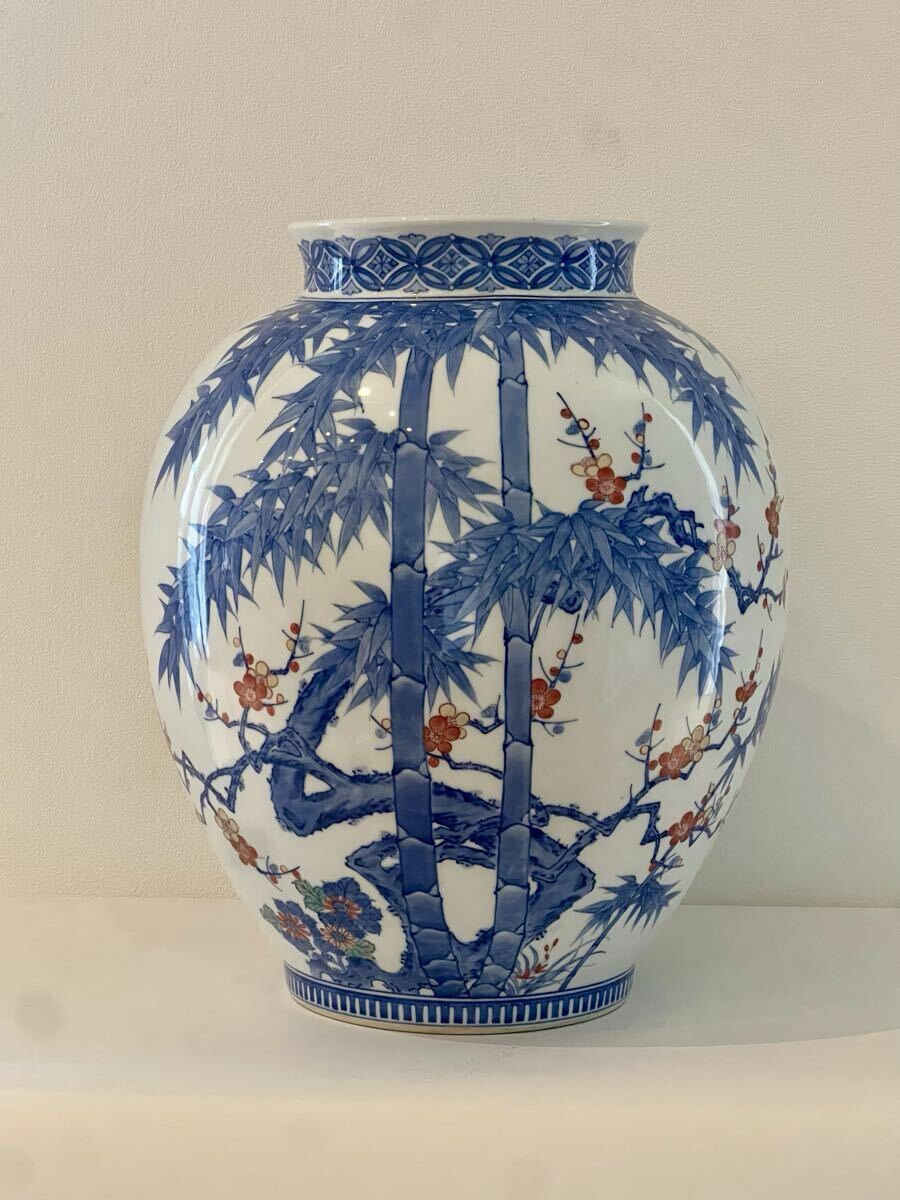 鍋島御庭焼 市川光春作 色鍋島 色鍋島竹梅図大花瓶 花器 染錦 花瓶拍卖