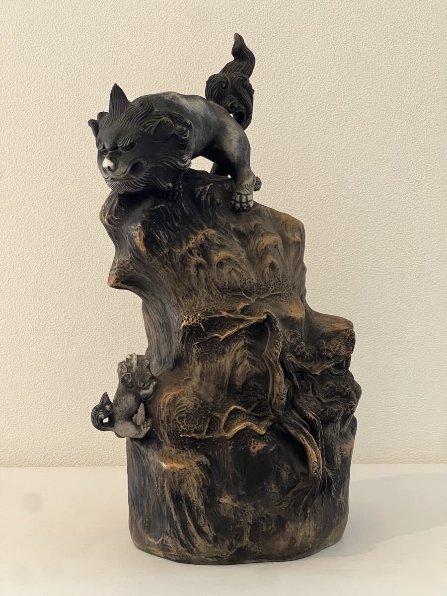 鍋島焼 鴨山作 獅子 置物 オブジェ 高さ約30cm拍卖