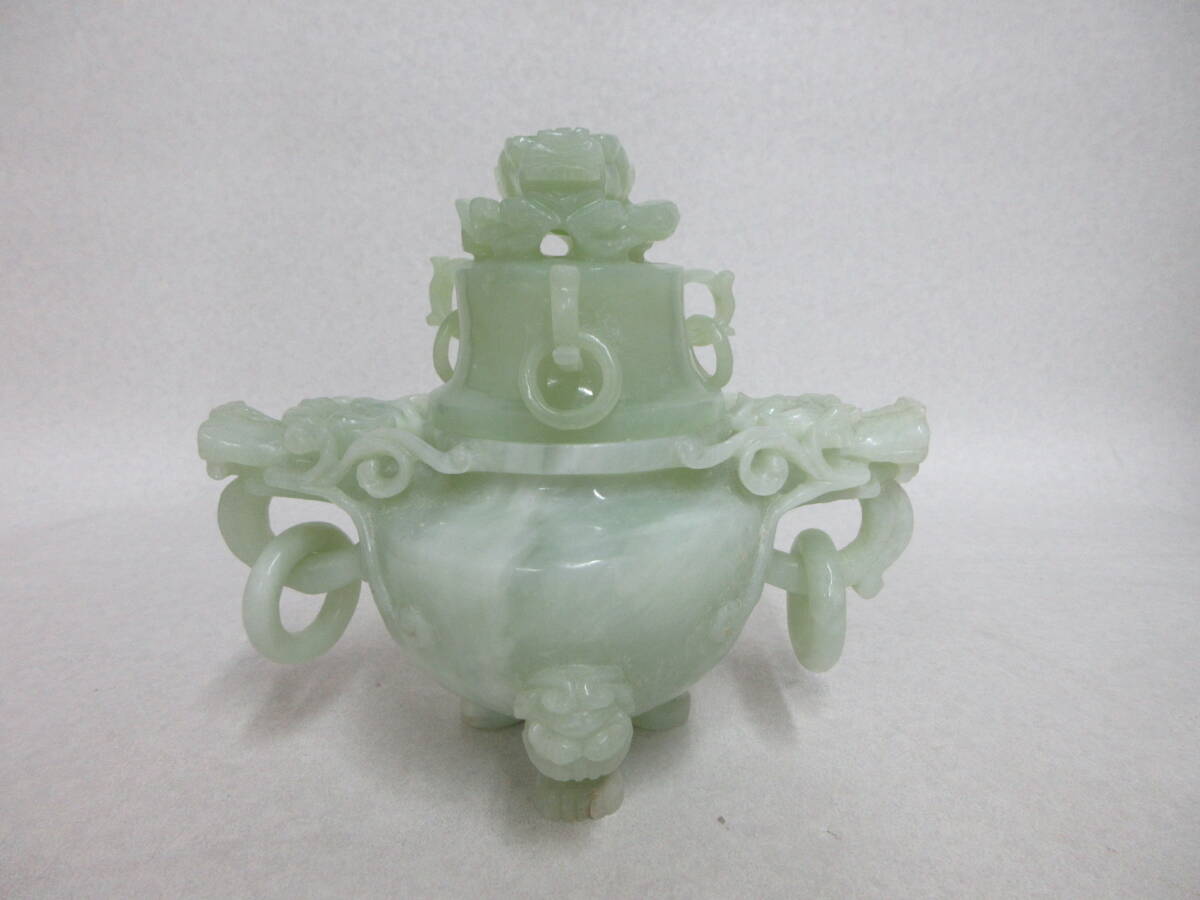 T2741 中国美術 緑釉龍彫遊環三足香炉 合箱 香道具 唐物拍卖