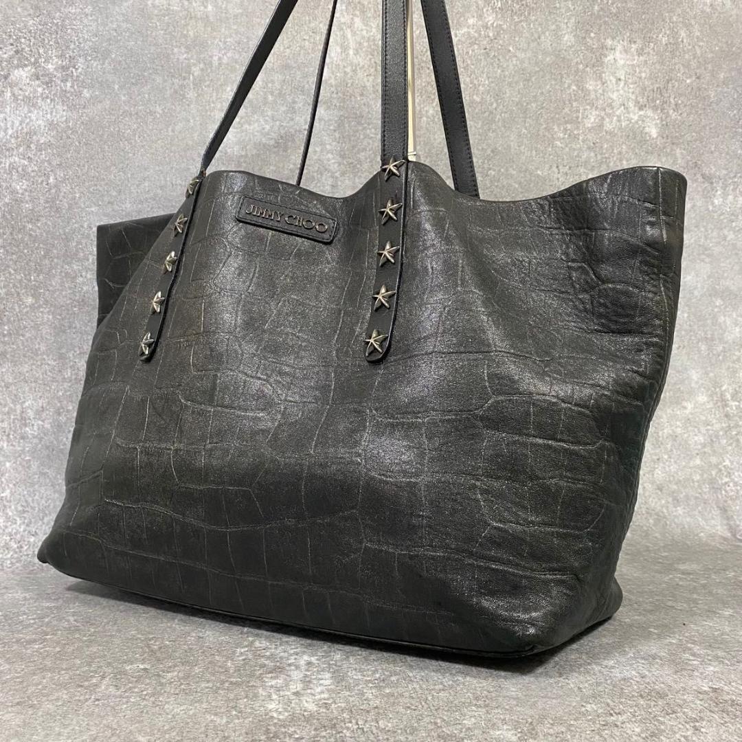 希少 ジミーチュウ Jimmy Choo メンズ ビジネス トートバッグ ピムリコ スタッズ クロコ 型押し ロゴ レザー 本革 グレー 黒 A4 PC収納可拍卖