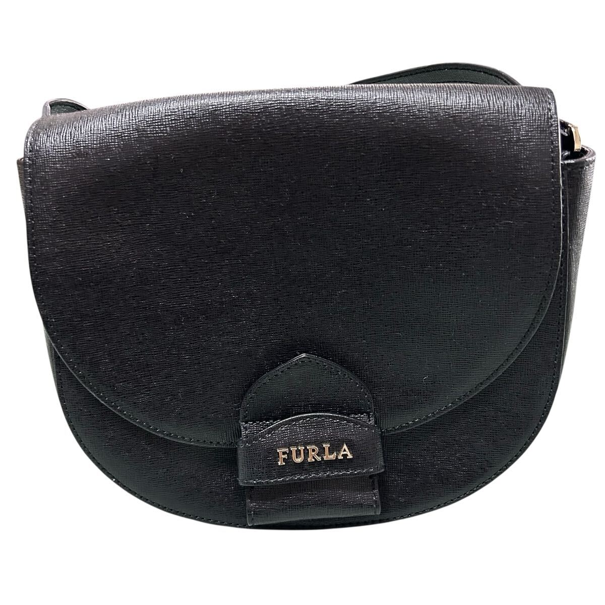 FURLA フルラ ショルダーバッグ 黒 フラップ レザー サフィアーノ 自立可拍卖