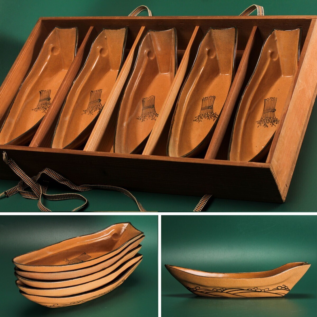 京都清水焼 高台寺六々堂製 舟形向付 五客 幅24.7cm 木箱拍卖