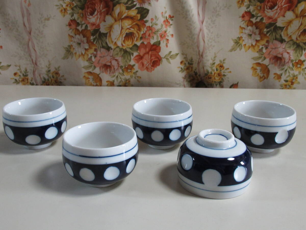 R7 10★湯のみ5個セット 水玉 かわいい ゆのみ レトロ 昭和 ブルー 藍色拍卖