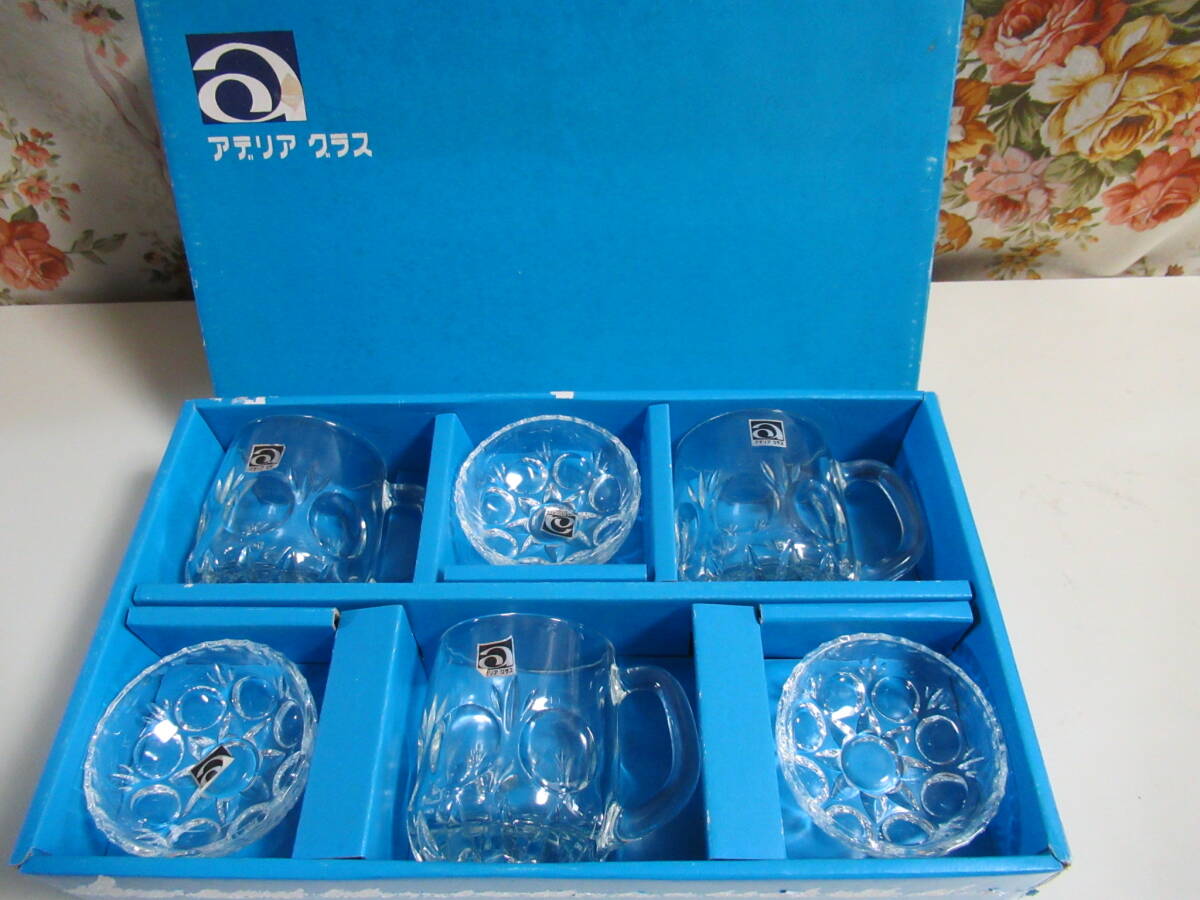 R7 10★石塚硝子 ビールセット アデリアルック ジョッキ3個・豆皿(豆鉢)3個セット/重厚 長期保管品 未使用拍卖