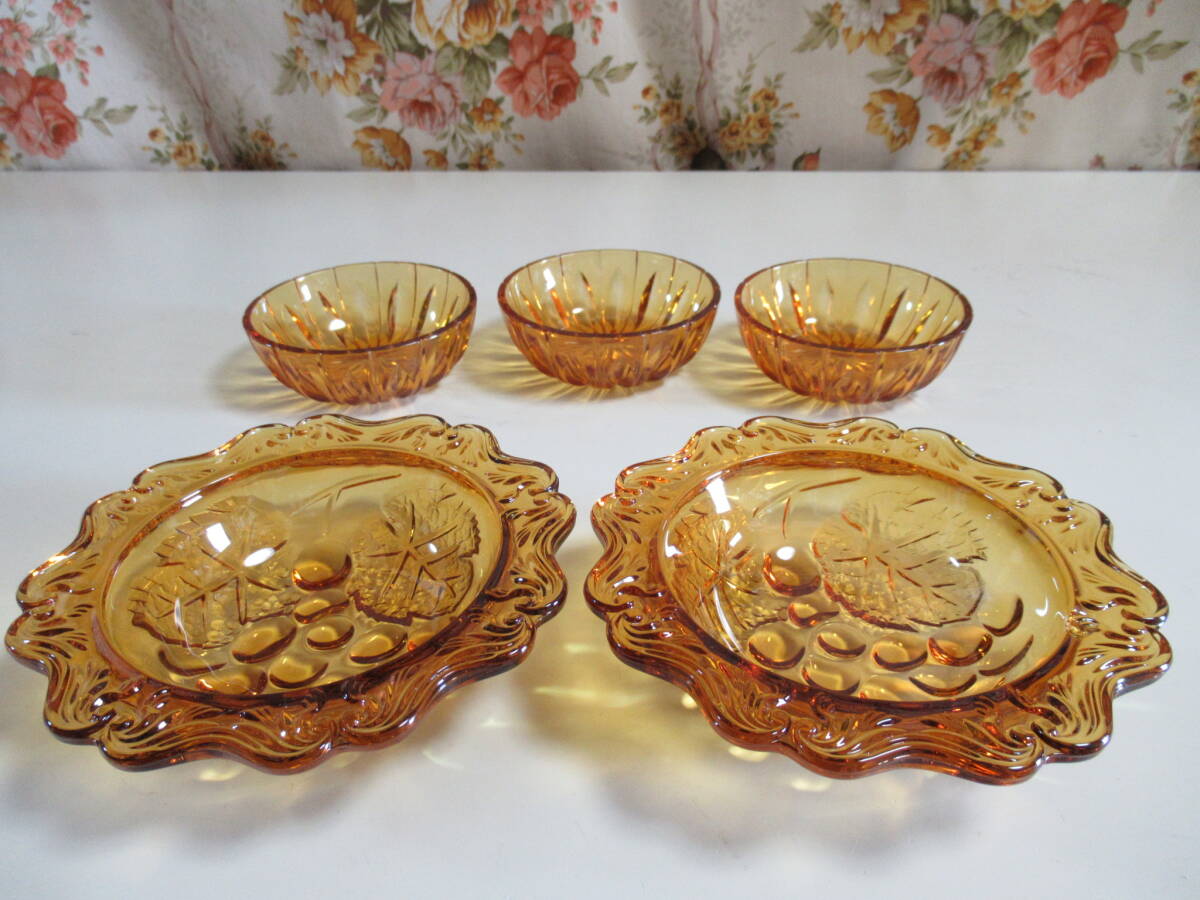 R7 10★アンバーガラス ミニ小鉢皿3個・中皿2個セット 琥珀色 昭和レトロ ヴィンテージ拍卖