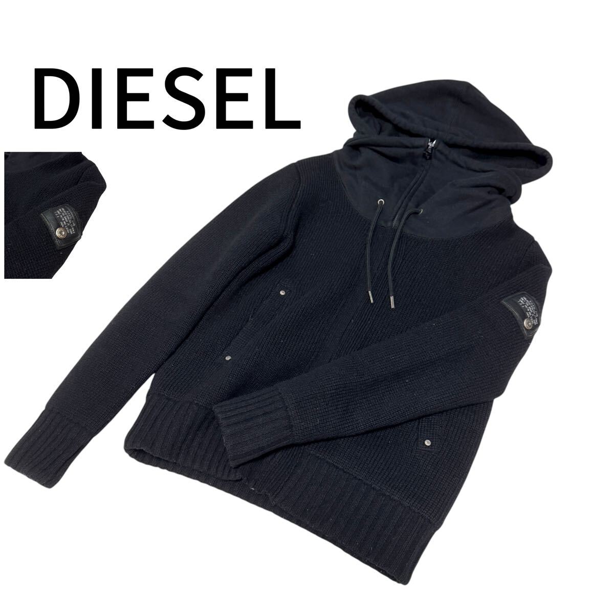 ディーゼル diesel ボアパーカー 切り替え ニット ブラック Y2K M 川奈パッチ レザー フーディー ジップアップ ジャケット  ロゴ拍卖