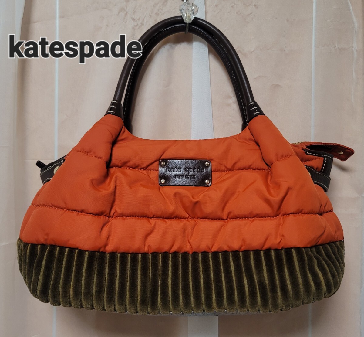 【kate spade】ケイトスペード ハンドバッグ オレンジ ブラウン レザー コーデュロイ拍卖