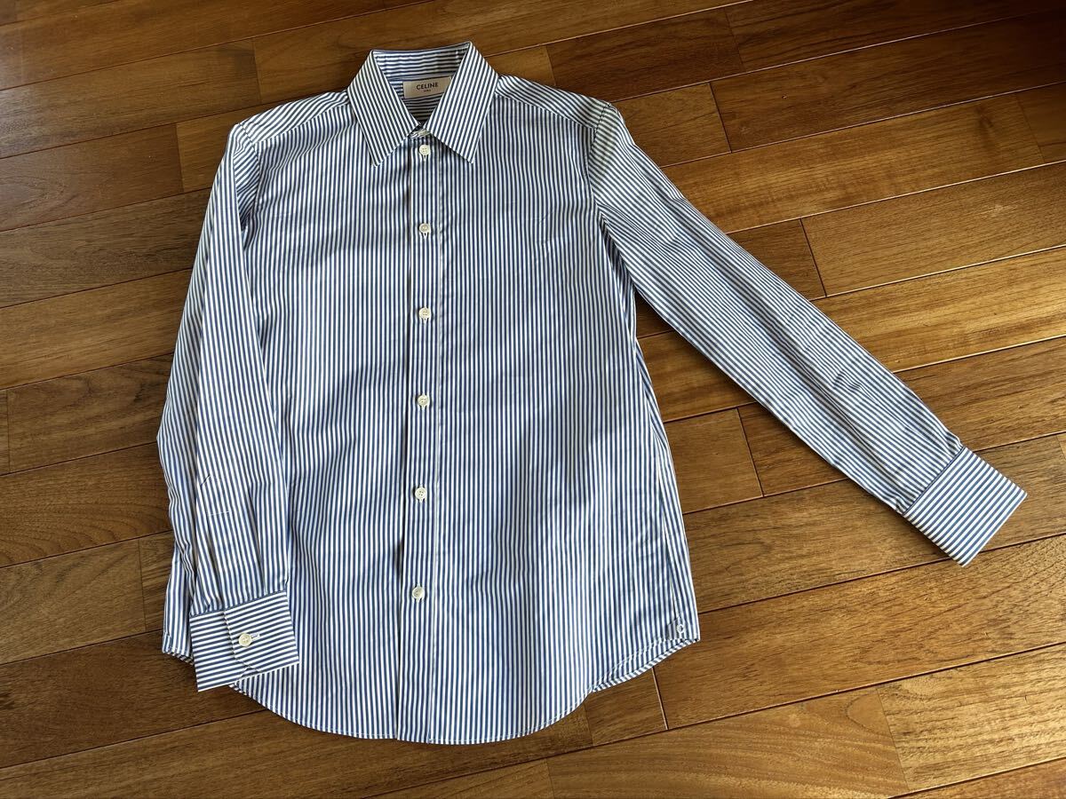 CELINE セリーヌ 2023年製コットン100%エディ期ストライプ柄長袖シャツ ブルーホワイト 36拍卖