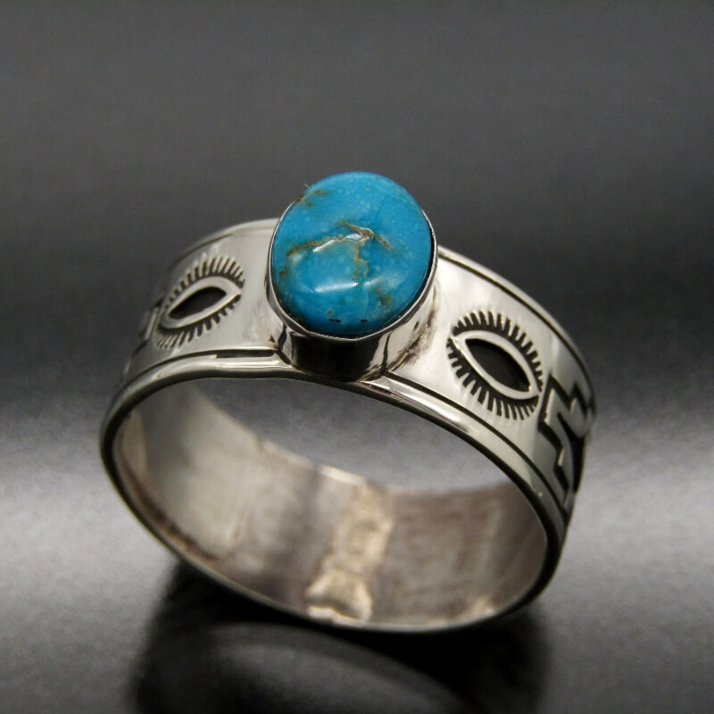 美品 Charlie John ナバホ族 リング ターコイズ チャーリージョン スタンプワーク メンズ レディース 指輪 31号 28010970拍卖