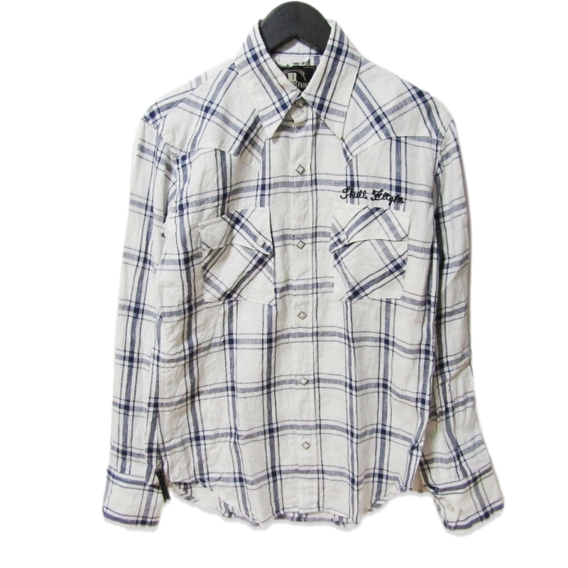 美品 SKULL FLIGHT スカルフライト 長袖ウエスタンシャツ SFS23-001 チェックリネンウエスタンシャツ ホワイト/ネイビー 36 27111589拍卖
