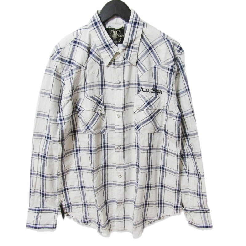 美品 SKULL FLIGHT スカルフライト 長袖ウエスタンシャツ SFS23-001 チェックリネンウエスタンシャツ ホワイト/ネイビー 42 27111588拍卖