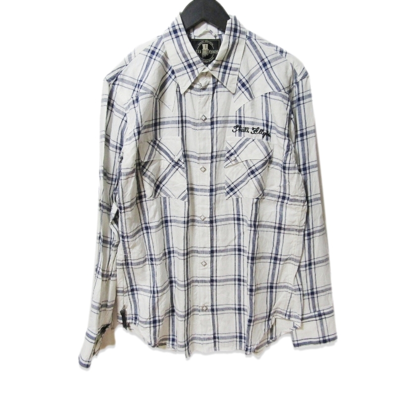 美品 SKULL FLIGHT スカルフライト 長袖ウエスタンシャツ SFS23-001 チェックリネンウエスタンシャツ ホワイト/ネイビー 40 27111586拍卖