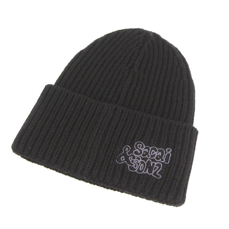 未使用 sacai×Mark Gonzales Gonz サカイ ニットキャップ 24-0870S 24AW ONE LOVE Beanie ビーニー リブ ブラック 黒 28011180拍卖