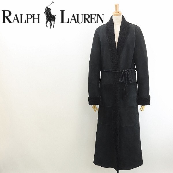 【HA557】国内正規品◆RALPH LAUREN ラルフローレン リアルムートン ボタンレス 紐ベルト付 ラップ ロング コート 黒 ブラック 9拍卖