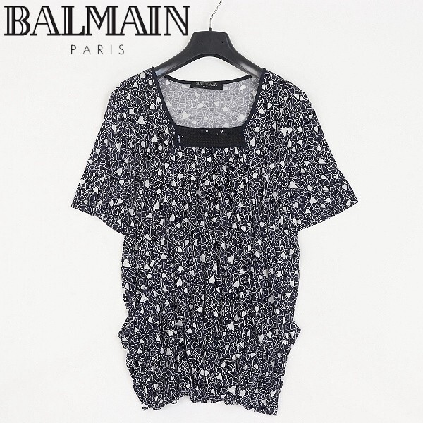 【HA570】◆BALMAIN バルマン ハート柄 スパンコール装飾 ラメ使い ギャザー ショートスリーブ トップス 紺 ネイビー×ホワイト 13+拍卖