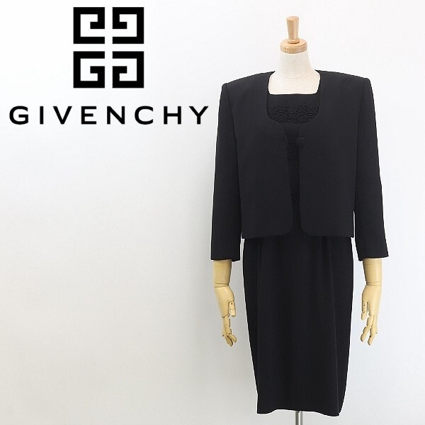 【HA591】◆GIVENCHY HI FORMAL ジバンシィ ノーカラー ジャケット&レース使い ワンピース アンサンブル セットアップ 黒 ブラック 8拍卖