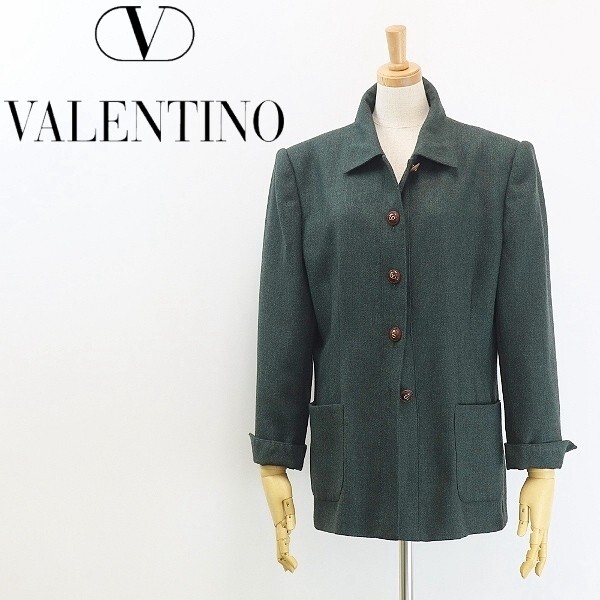 【HA636】◆VALENTINO MISS V ヴァレンティノ カシミヤ混 ウール ツイード ロゴボタン ジャケット グリーン 46/12拍卖