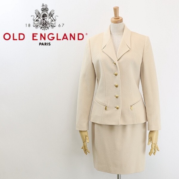 【HA626】◆OLD ENGLAND オールド イングランド カシミヤ&アンゴラ混 金釦 ジャケット&スカート スーツ セットアップ ライトベージュ拍卖