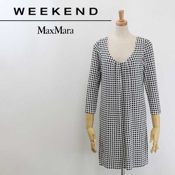 【HA622】◆Max Mara WEEKEND マックスマーラ ストレッチ 総柄 タック 七分袖 ワンピース ホワイト×ネイビー M拍卖