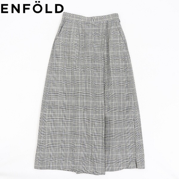 【HA644】◆ENFOLD エンフォルド リネン混 グレンチェック柄 サイドスリット タック ワイド パンツ 36拍卖