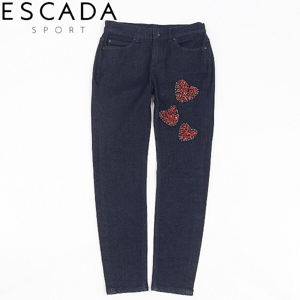 【HA676】◆ESCADA SPORT エスカーダ スポーツ ストレッチ ハート ビジュー装飾 デニム パンツ ジーンズ インディゴ 34拍卖