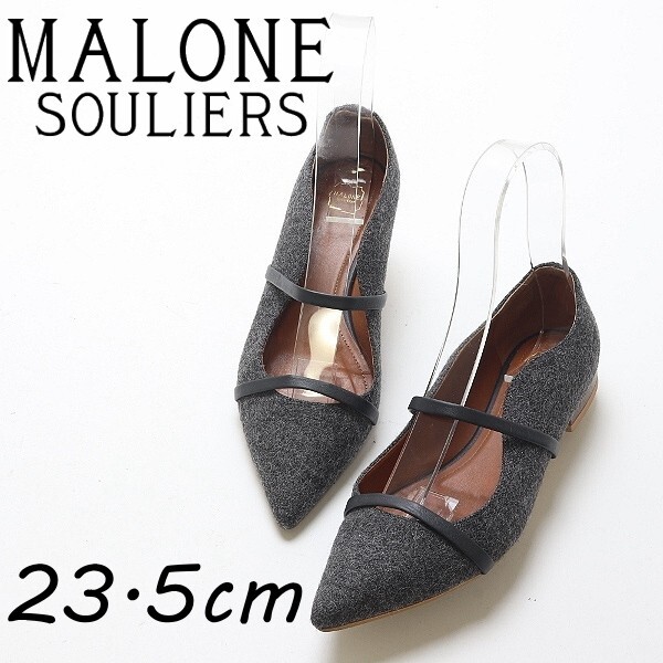 【HA723】◆Malone Souliers マローン スリアーズ ウール×レザー ポインテッドトゥ パンプス グレー 37拍卖
