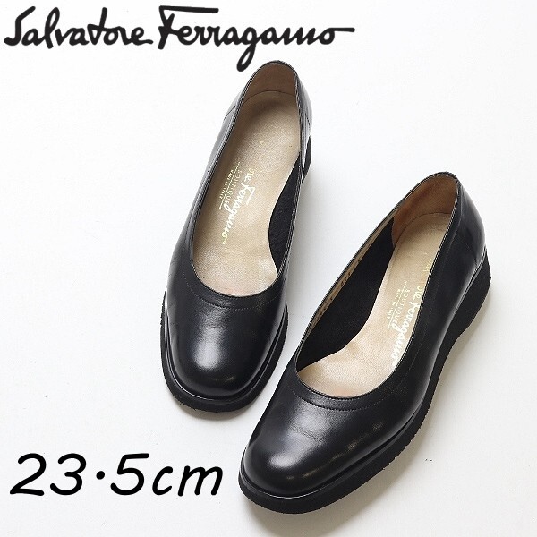 【HA721】◆Salvatore Ferragamo サルヴァトーレ フェラガモ レザー ラウンドトゥ パンプス 黒 ブラック 6拍卖