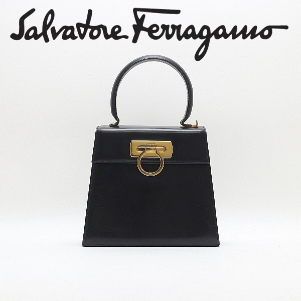 【HA718】◆Salvatore Ferragamo サルバトーレ フェラガモ レザー ゴールド金具 ガンチーニ ワンハンドル ハンド バッグ 黒 ブラック拍卖